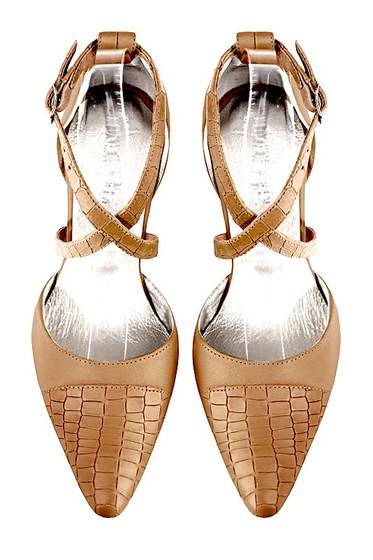 Camel beige women's open side shoes, with crossed straps. Tapered toe. Medium spool heels. Top view - Florence KOOIJMAN